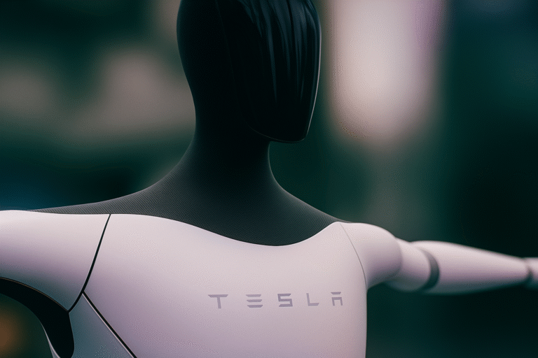 Robot humanoide Tesla Optimus con torso blanco y rostro negro brillante